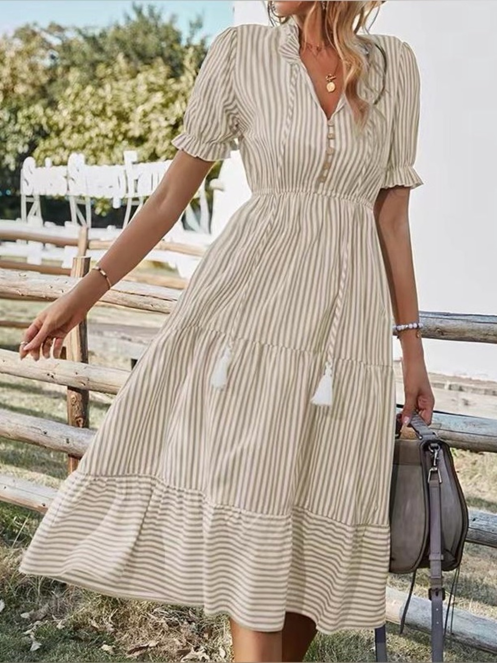 Rosa Clothing Short-Sleeves Boho V-Neck Brown Striped Tiered Dress size XL NWT